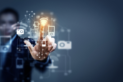 Close up of businessman touching icon of media screen-1